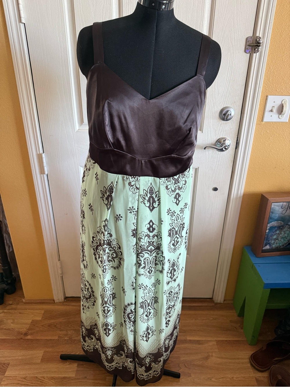 Sleeveless Brown & Mint Maxi Dress with Printed Skirt